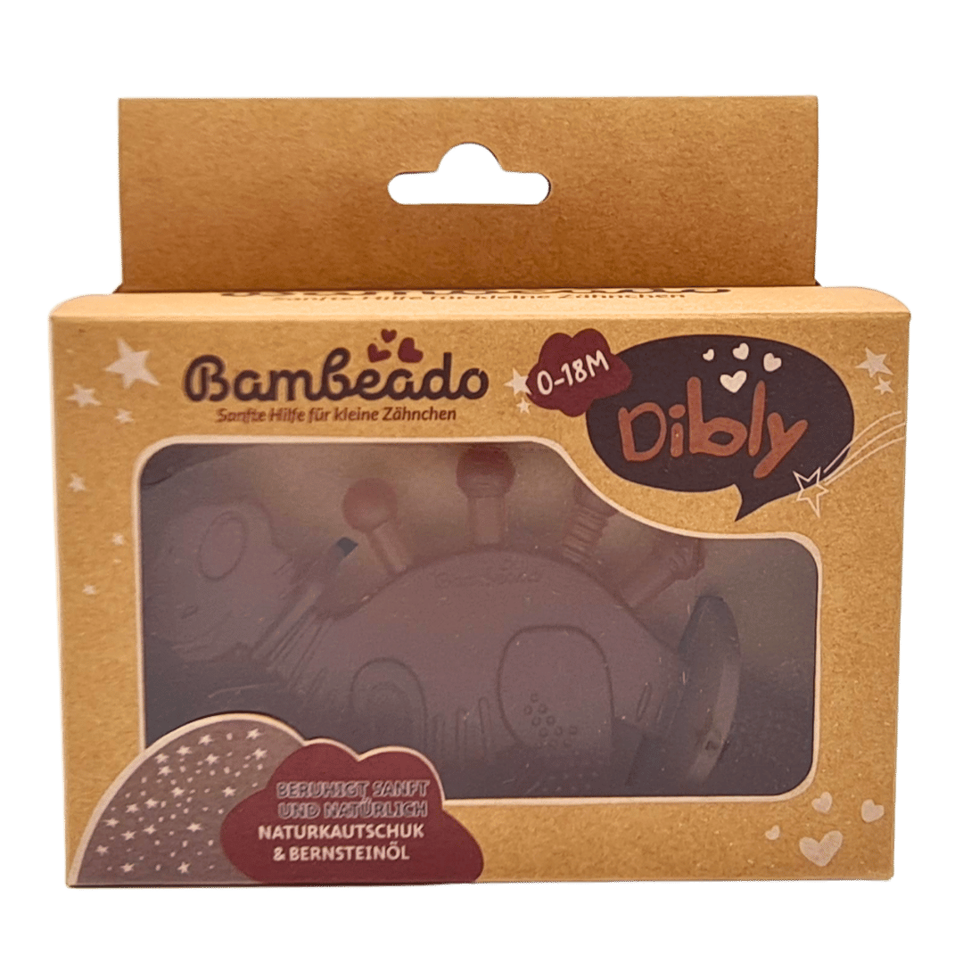 Dibly – Beißring in Dinosaurier-Form aus Naturkautschuk mit baltischem Bernstein und Zahnbürsten-Schwanz