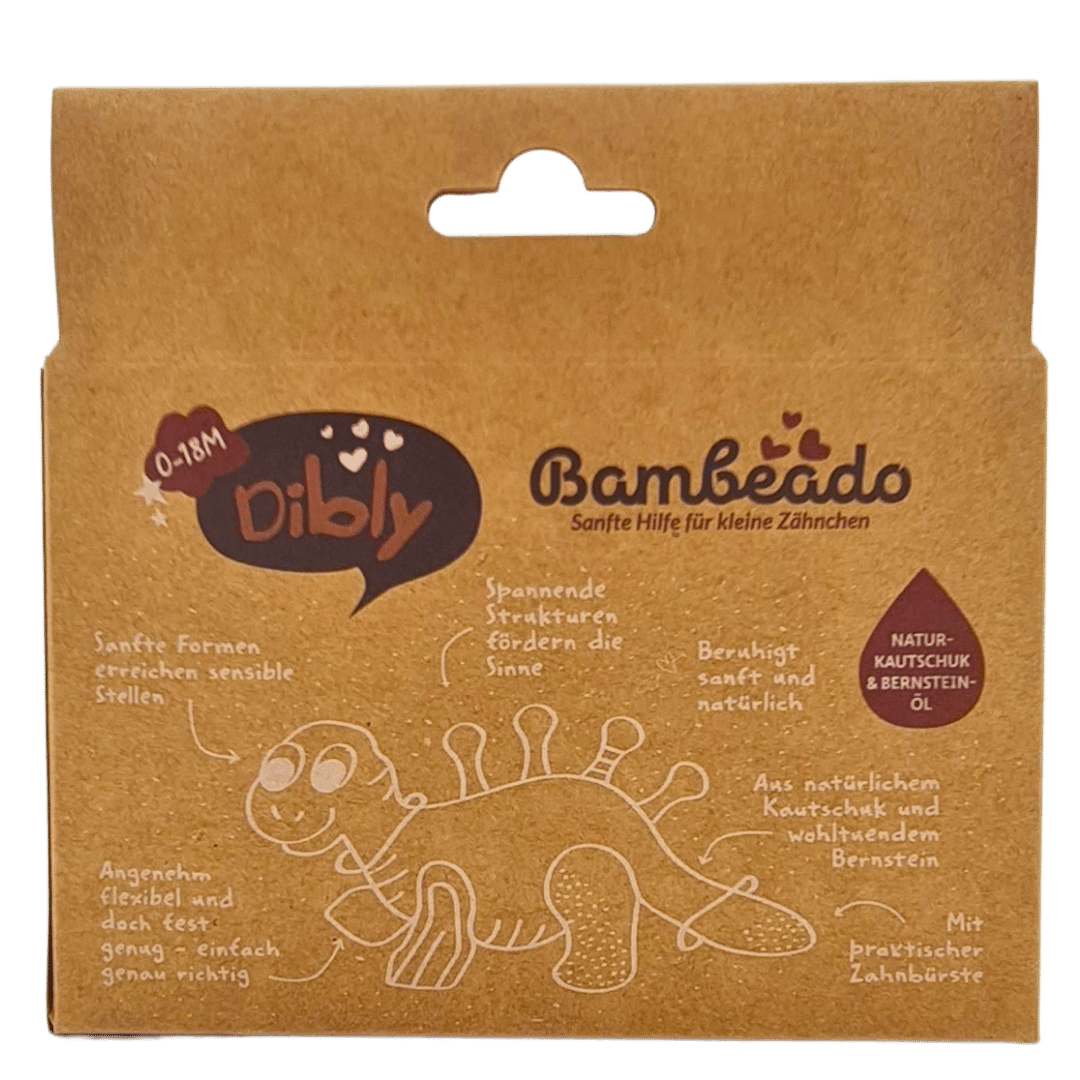 Dibly – Beißring in Dinosaurier-Form aus Naturkautschuk mit baltischem Bernstein und Zahnbürsten-Schwanz