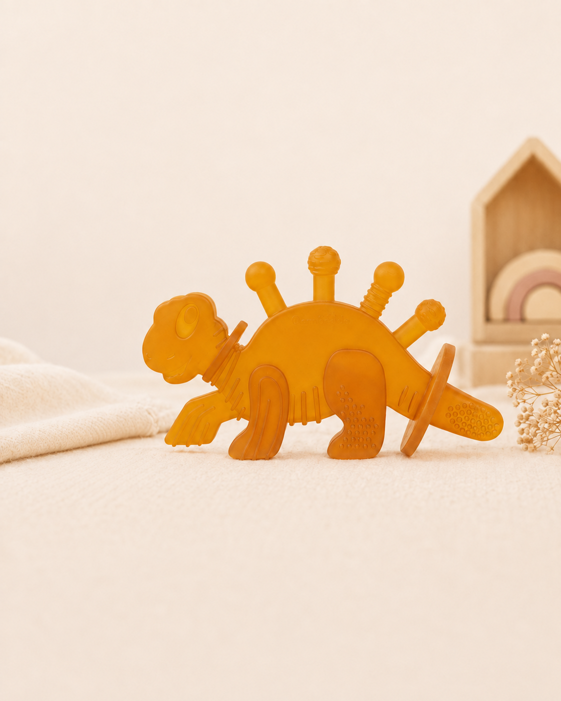 Dibly – Beißring in Dinosaurier-Form aus Naturkautschuk mit baltischem Bernstein und Zahnbürsten-Schwanz