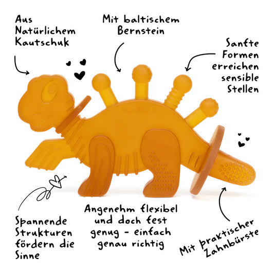 Dibly – Beißring in Dinosaurier-Form aus Naturkautschuk mit baltischem Bernstein und Zahnbürsten-Schwanz